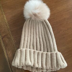 Adrienne Landau Cream Knit Beanie with Real Fur Pom.New without tag